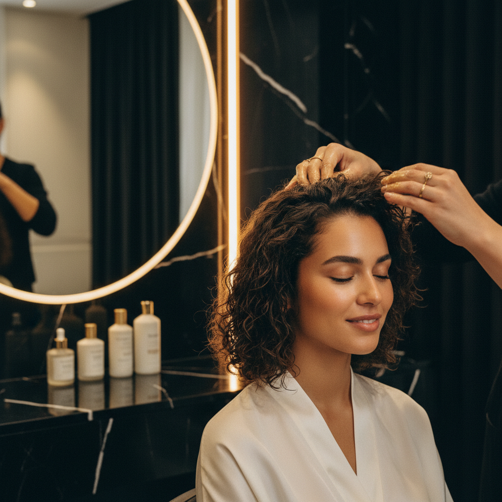Stylist demonstrating how to moisturise dry hair using a restorative deep conditioning treatment in salon