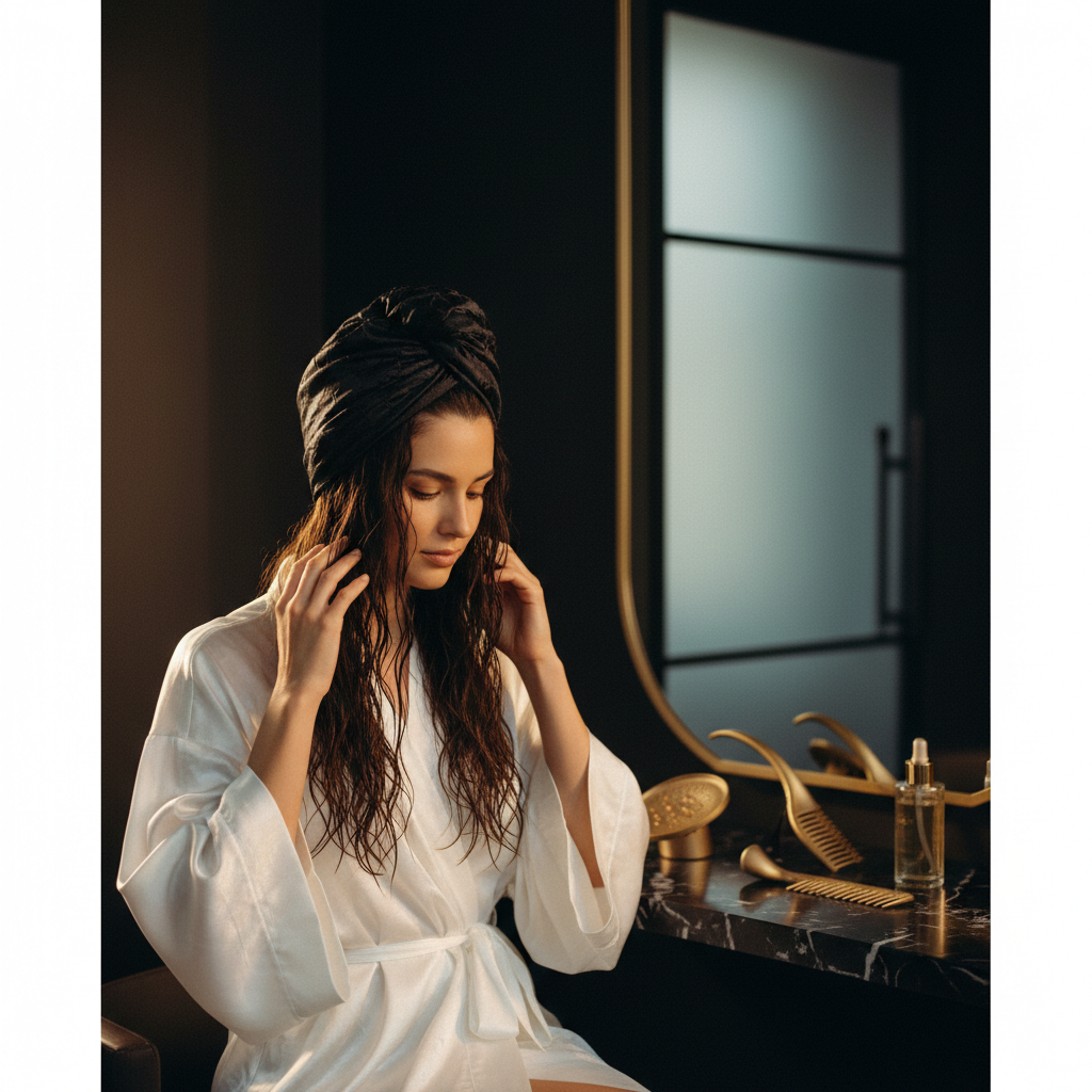 A woman gently squeezing moisture from wet hair using a soft microfibre towel to protect wet hair, illustrating How to Protect Wet Hair