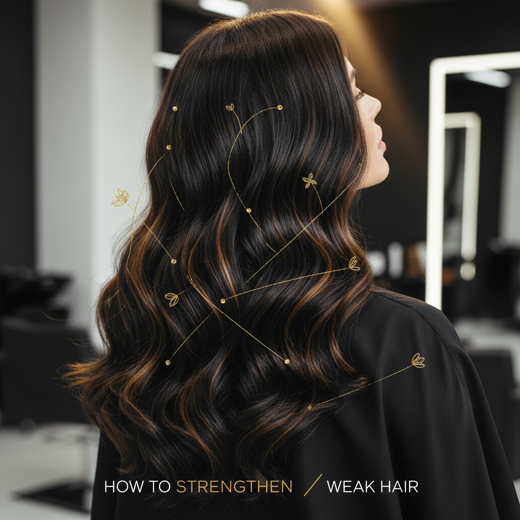 Stylist demonstrating how to strengthen weak hair by gently detangling damp strands with wide-tooth comb