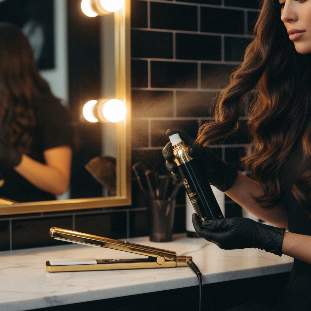 Stylist demonstrating how to use heat protectant spray on sectioned damp hair before styling