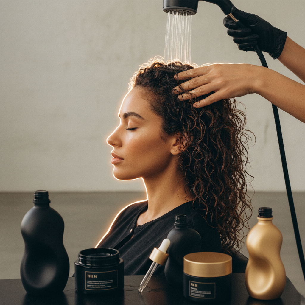 Stylist examining hair strand elasticity to explain how to treat hygral fatigue in damaged hair