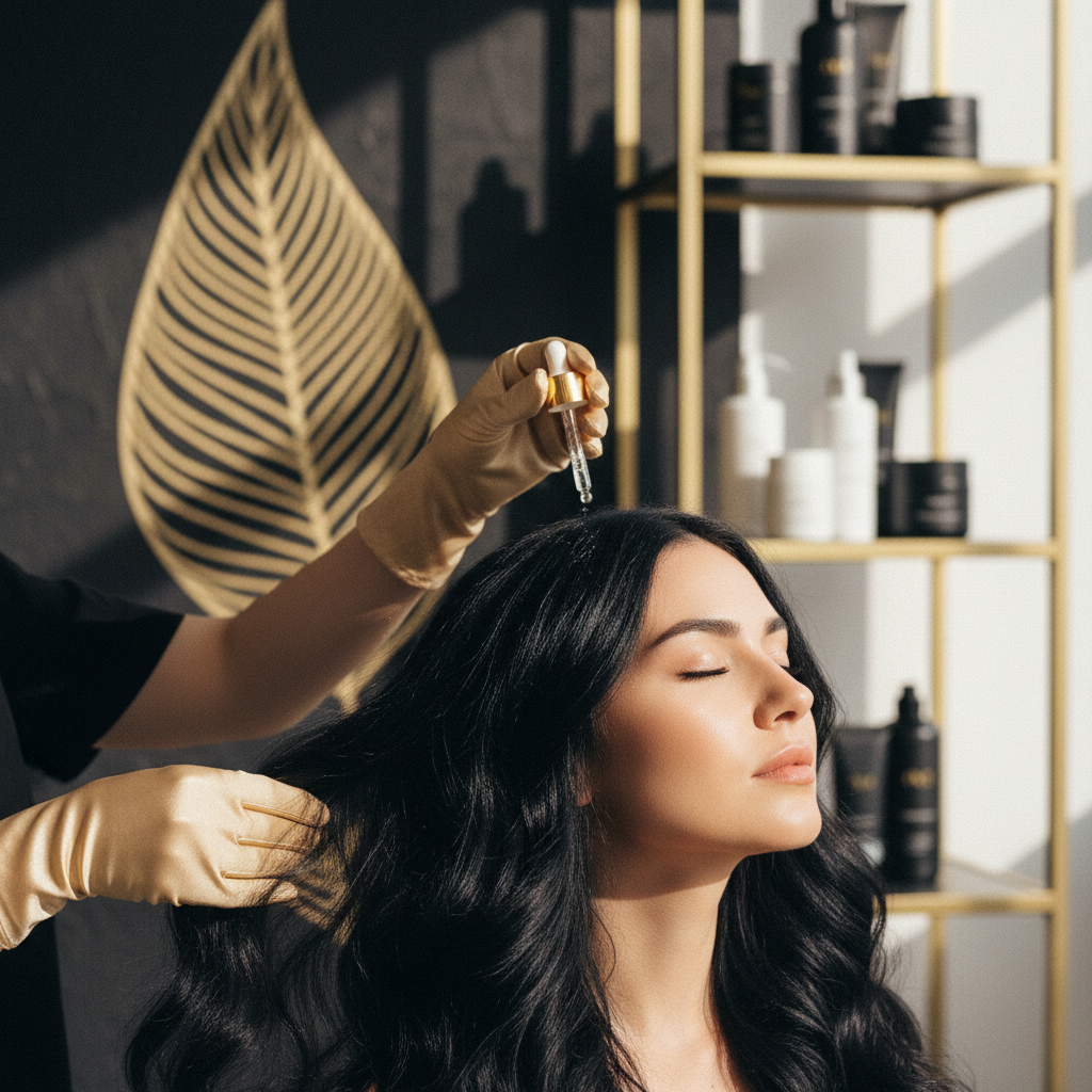 A close view of a professional trichologist checking a clean scalp to determine how to treat scalp pruritus.
