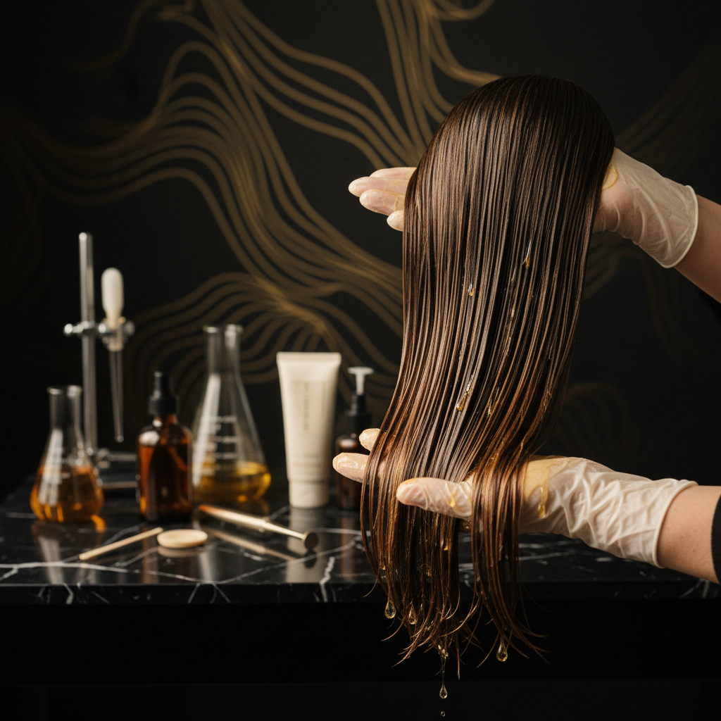 A stylist applying hydrolysed protein treatments for hair to a client with porous, damaged strands in a salon.