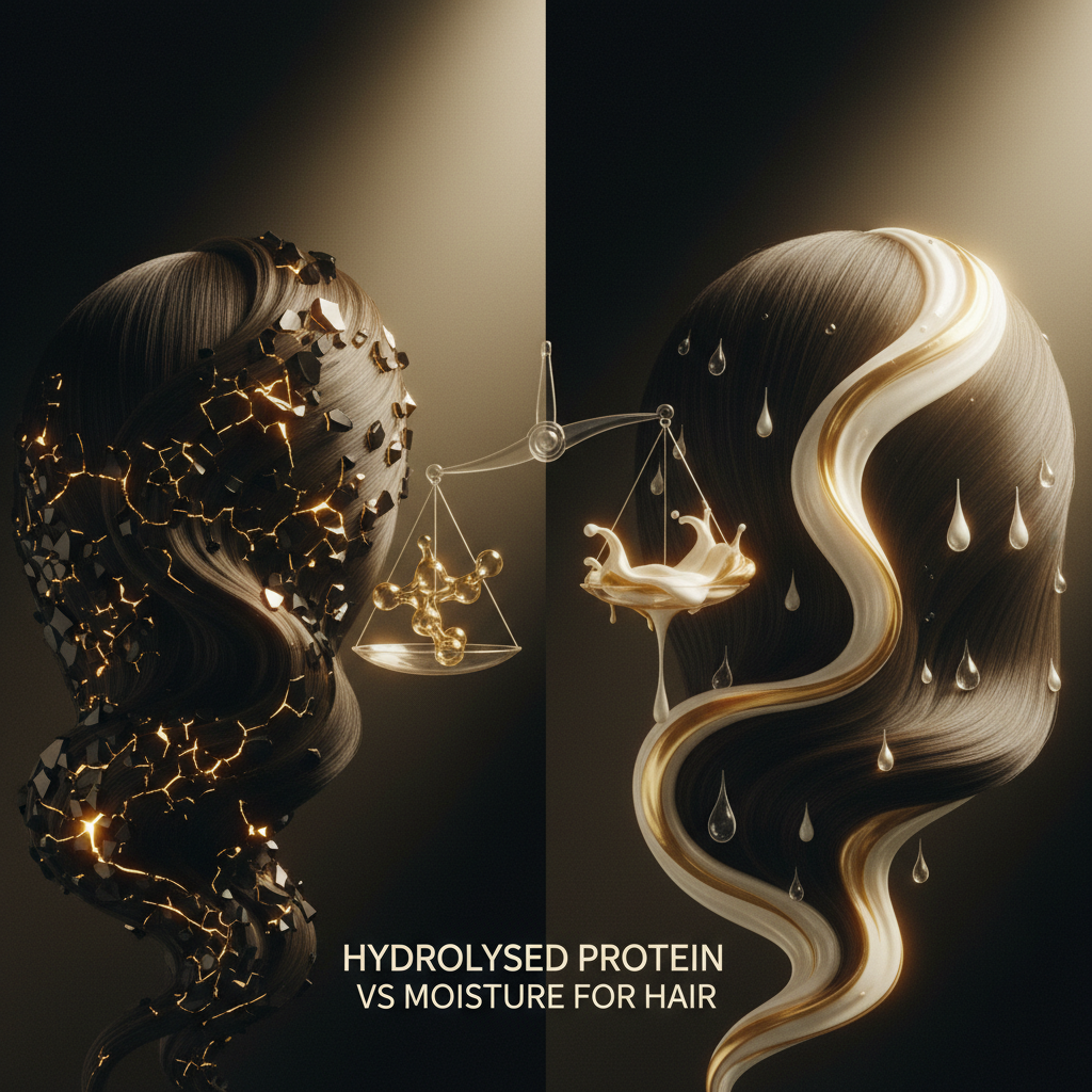 Hydrolysed Protein vs Moisture for Hair showing lab dropper applying peptide conditioning treatment to strands