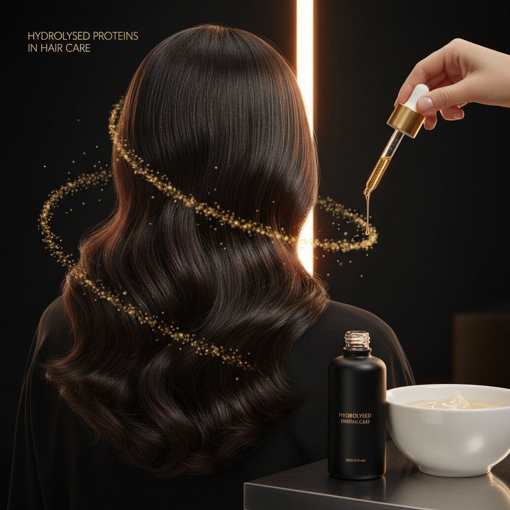 Hydrolysed Proteins in Hair Care demonstrated with molecular cosmetic liquid drop on damaged hair strand