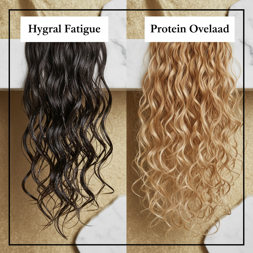 Signs of hygral fatigue versus protein overload in the context of Hygral Fatigue and Hair Elasticity