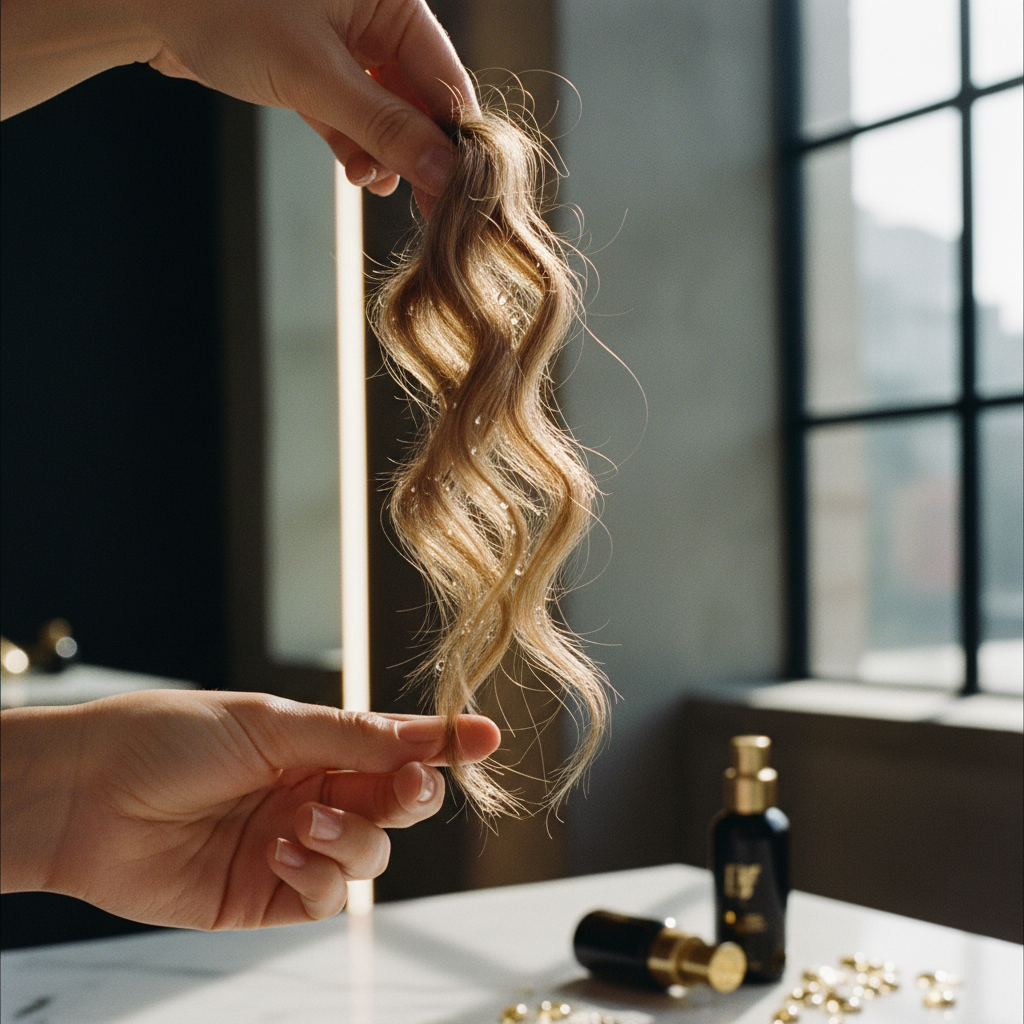 Close up of wet hair strands demonstrating Hygral Fatigue in Hair Fibres during washing