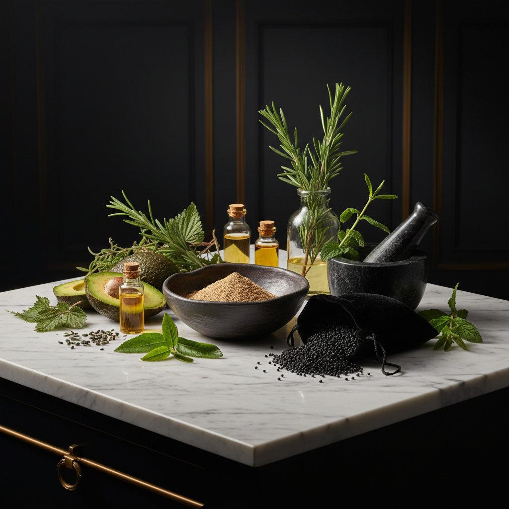 Topical ingredients for hair thinning arranged beside botanical rosemary and natural extracts in laboratory glassware