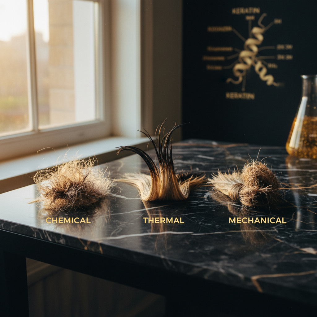Comparing chemical, thermal, and mechanical keratin damage in the context of Keratin Structure and Hair Breakage