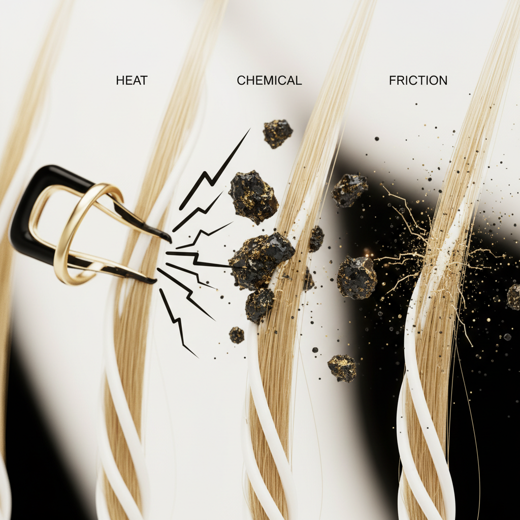What damages keratin architecture? in the context of Keratin Structure and Hair Elasticity