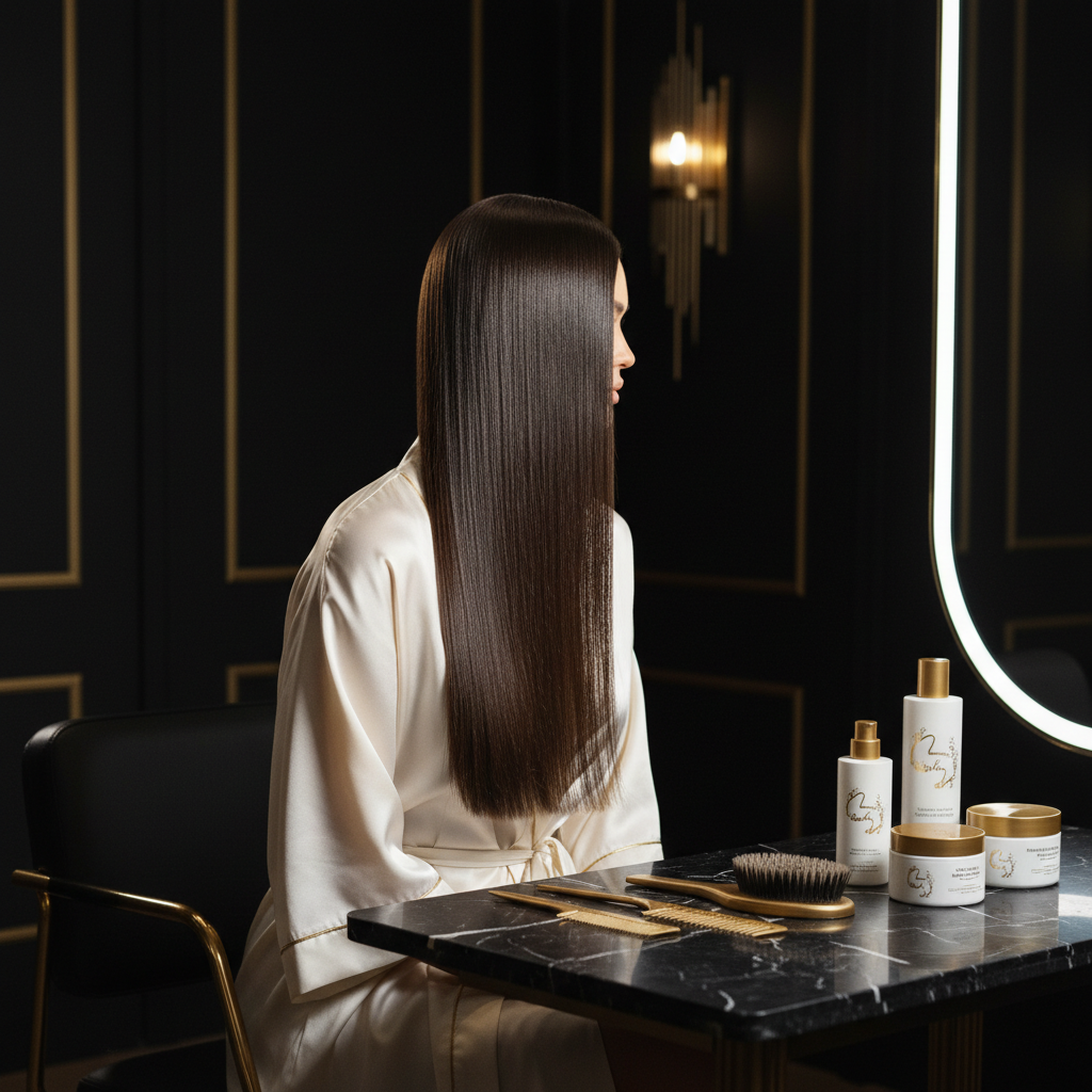 Stylist explaining proper Keratin Treatment Care techniques while examining smooth hair in a salon.