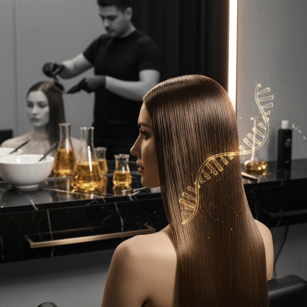 Hair stylist performing a professional smoothing procedure illustrating the principles of Keratin Treatment Science