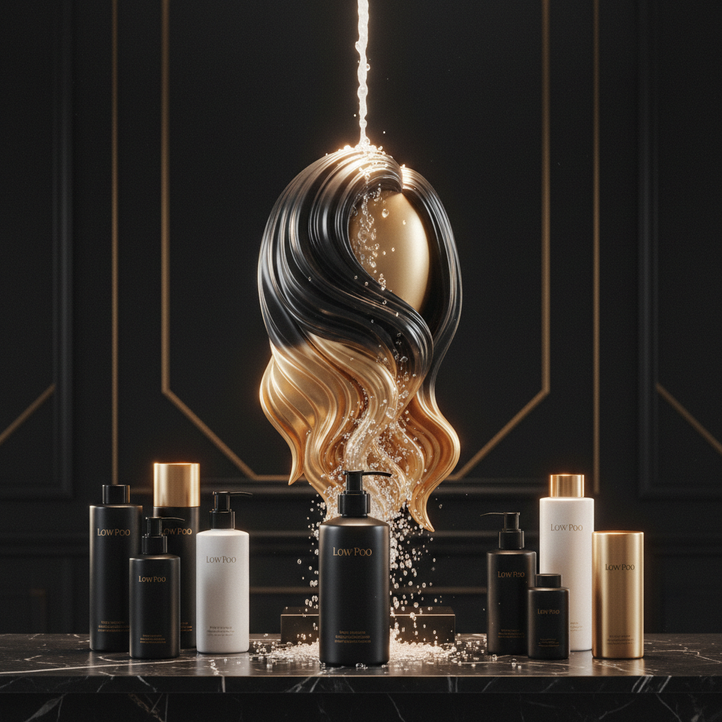 A hand dispensing a gentle Low-Poo Shampoo with low lather into palms in a modern shower