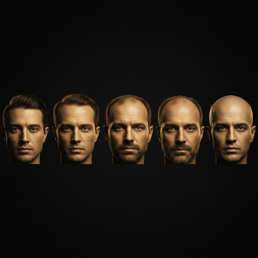 Diagram showing the progression of Male Pattern Baldness Stages on the scalp