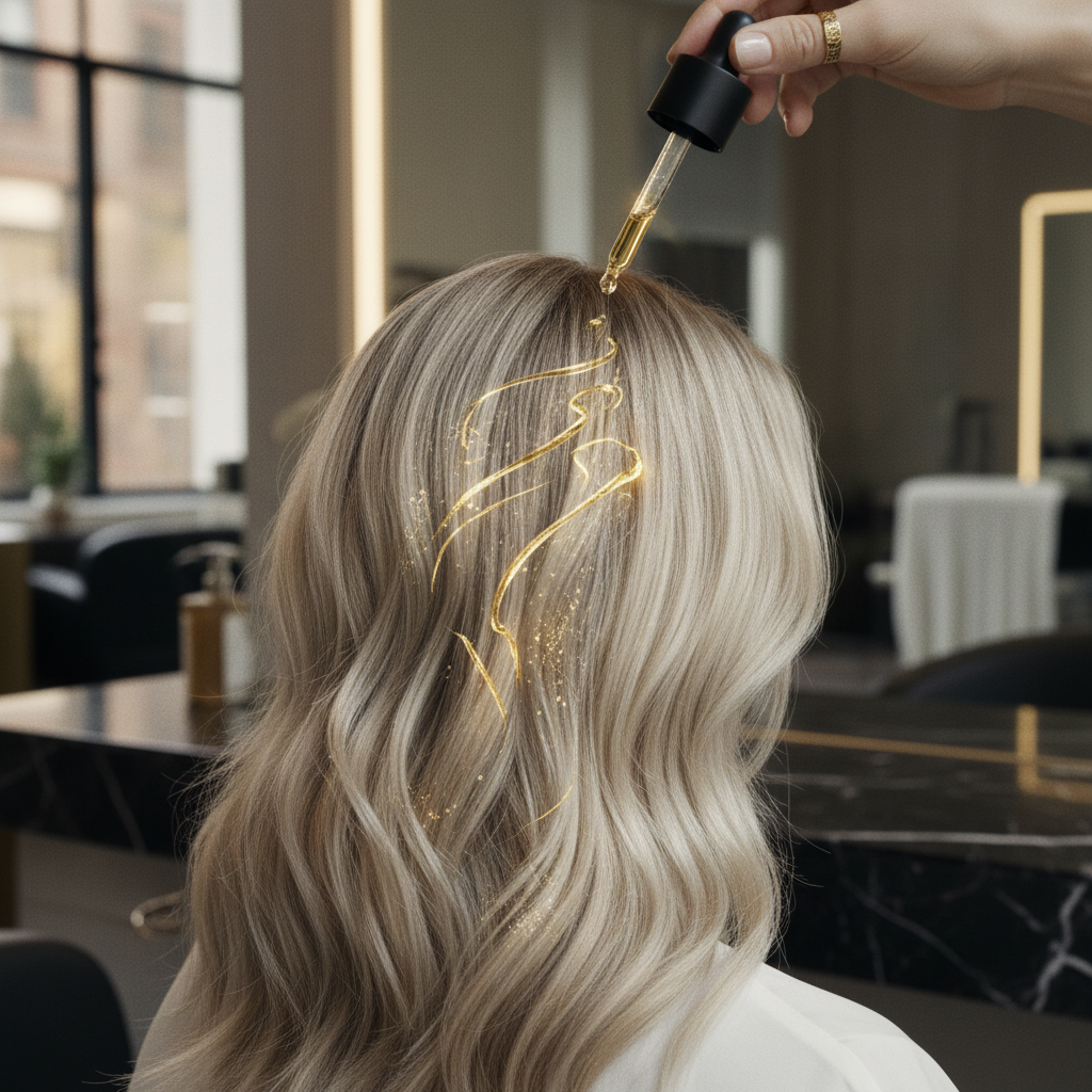 Stylist carefully applying a conditioning treatment for Managing Bleached Hair Porosity on light blonde hair