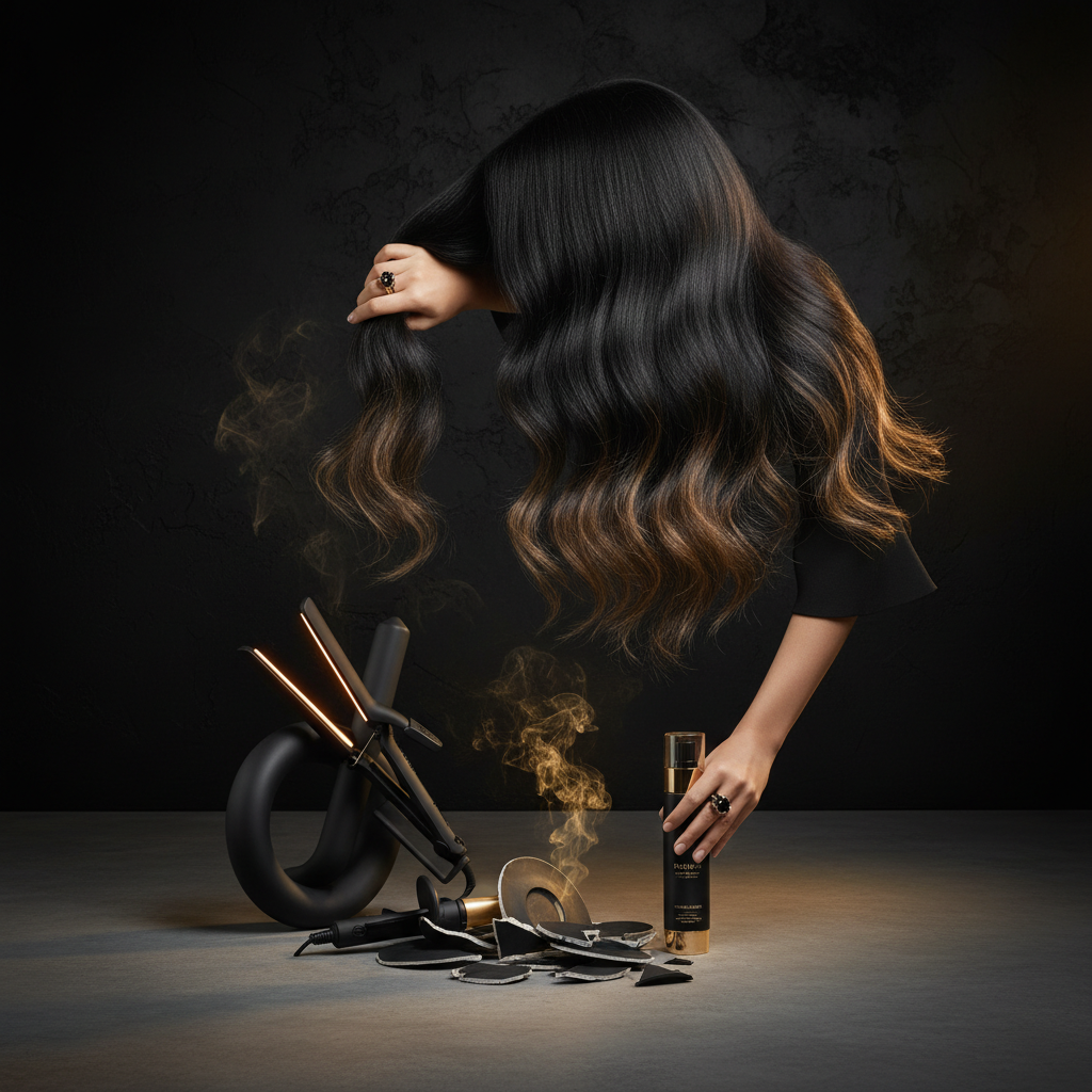 Stylist managing heat damage in hair with thermal spray and wide-tooth comb in salon