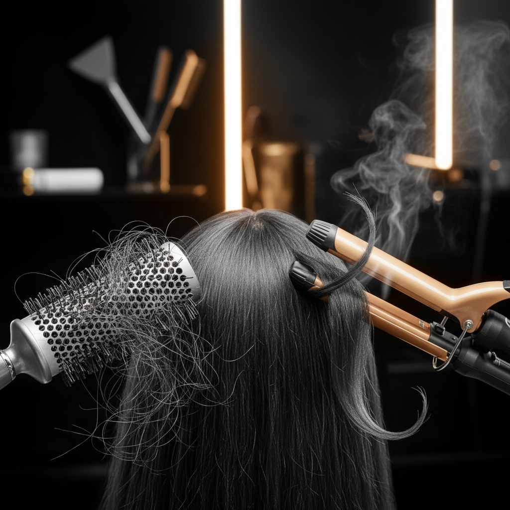 Stylist demonstrating the effects of Mechanical and Heat Damage in Hair Care on hair strands