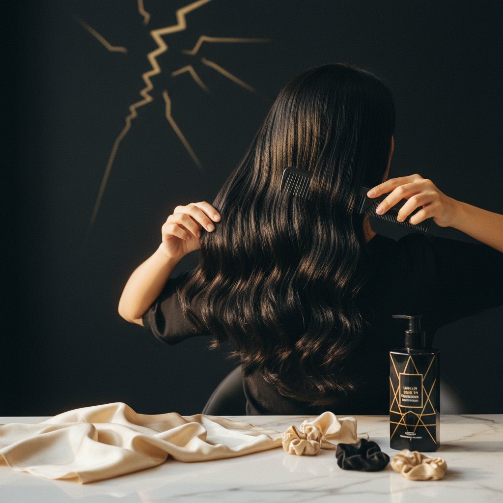Stylist gently detangling long hair with a wide-toothed comb to aid in minimising mechanical hair breakage