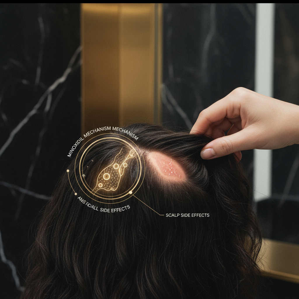 A close view of a scalp examination demonstrating Minoxidil Mechanism and Scalp Side Effects