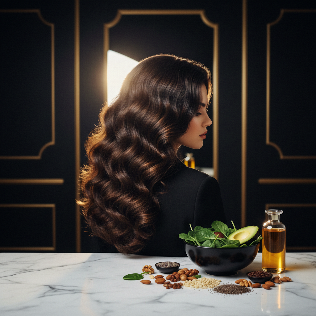 A balanced array of nutrient-rich foods illustrating the link between Nutrition and Hair Density.