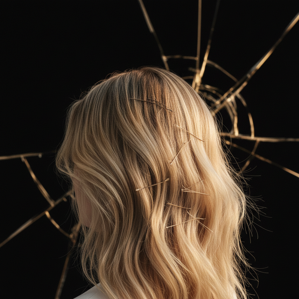 Stylist inspecting fragile hair strands affected by post-bleach hair breakage under salon lighting