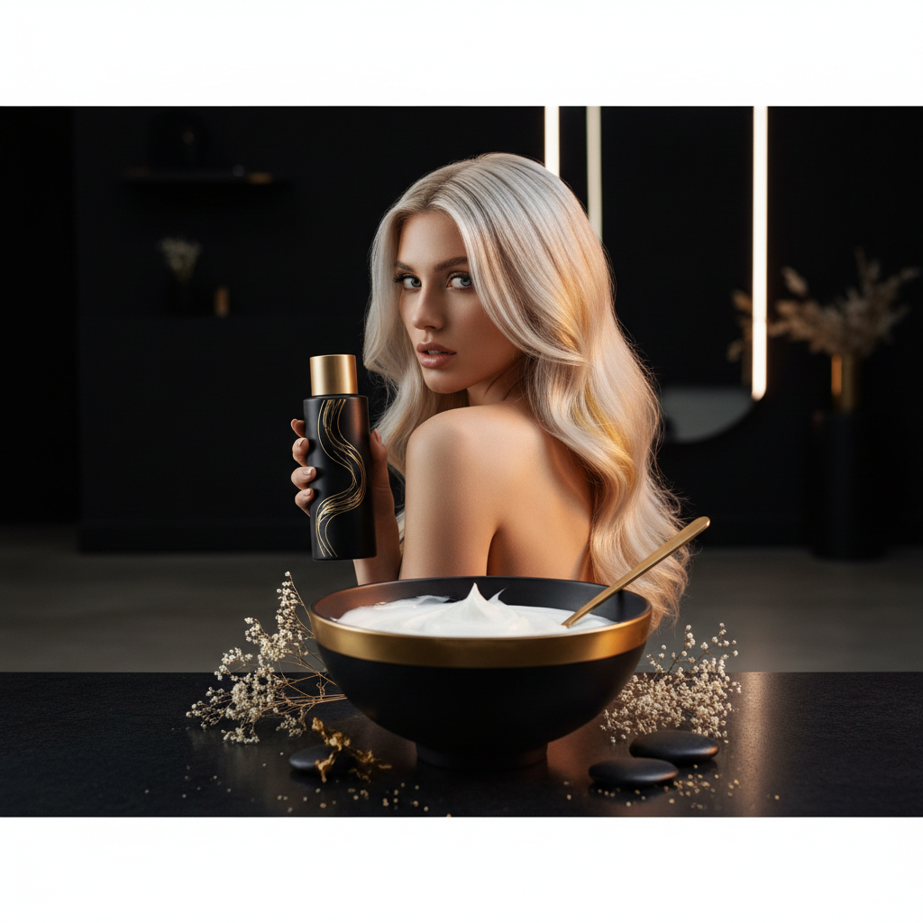 Stylist demonstrating post bleach hair repair on lightened blonde hair in a professional salon