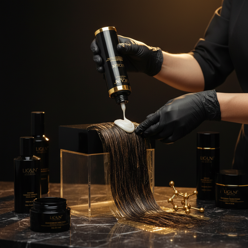 Hairdresser carefully applying protective bond treatment to client hair for preventing chemical hair breakage