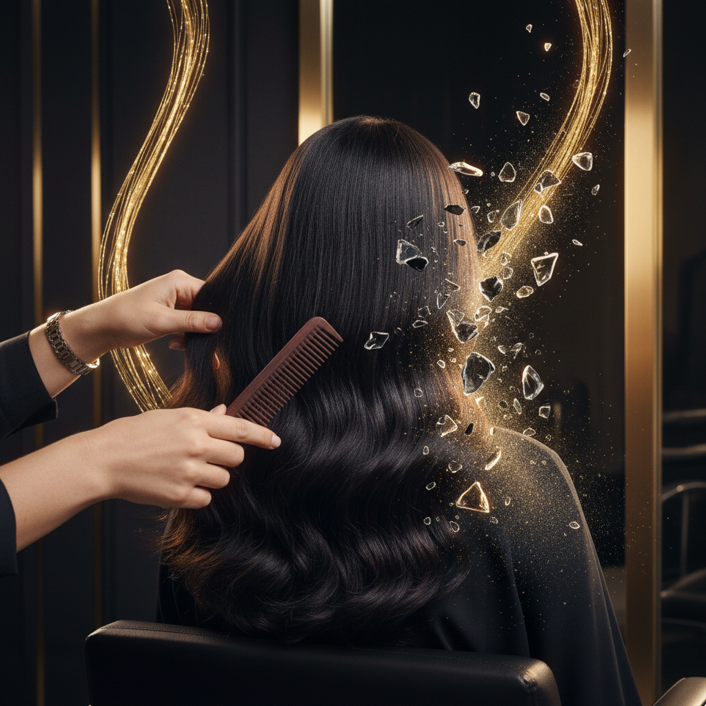 Hair stylist gently detangling smooth brown hair demonstrating techniques for Preventing Hair Breakage and Fibre Damage