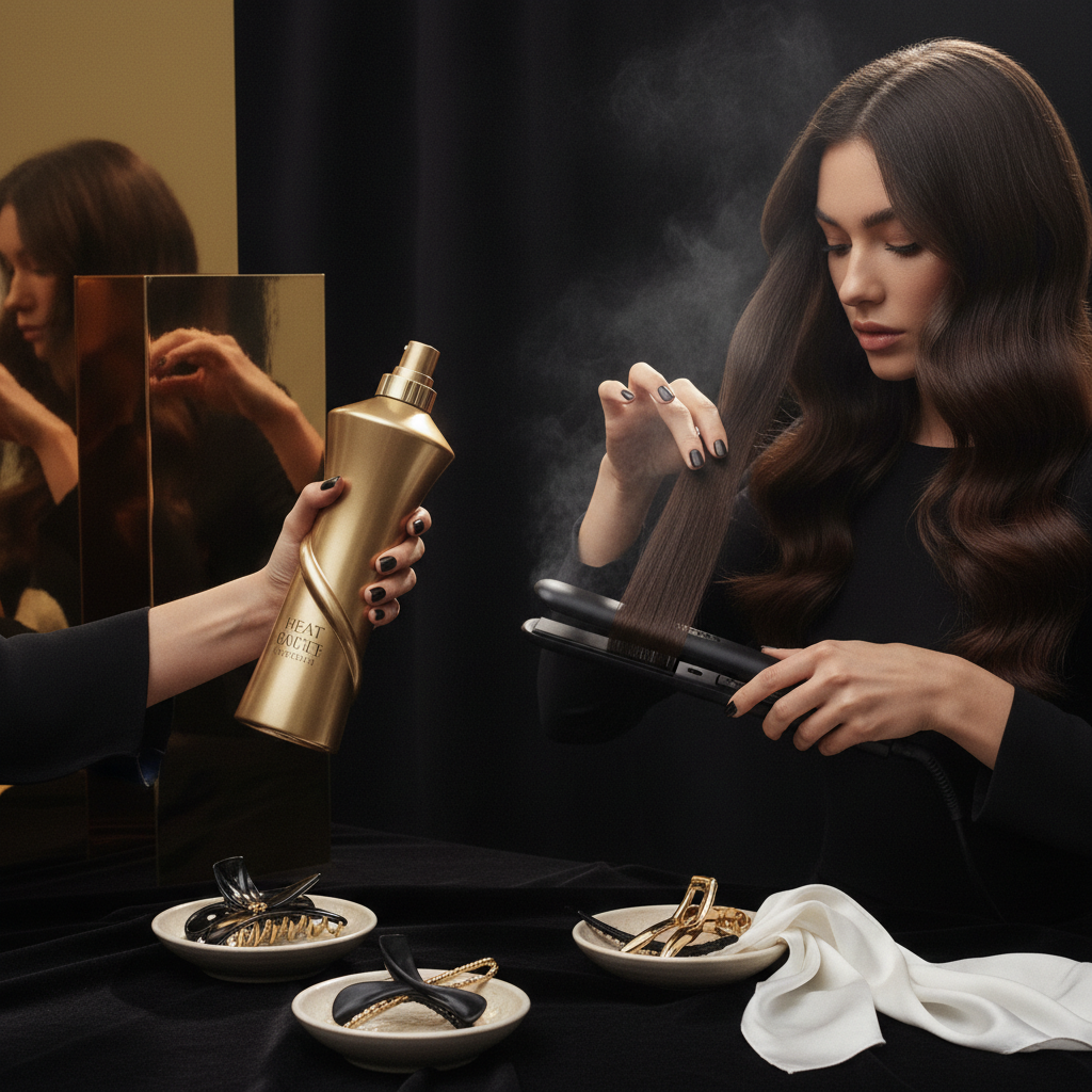 Stylist applying protective serum before preventing hair breakage from heat styling with flat iron