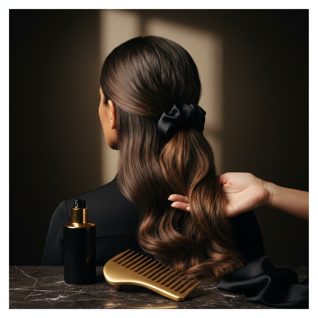 A person gently detangling smooth brown hair with a wide-toothed comb for Preventing Hair Breakage and Mechanical Stress