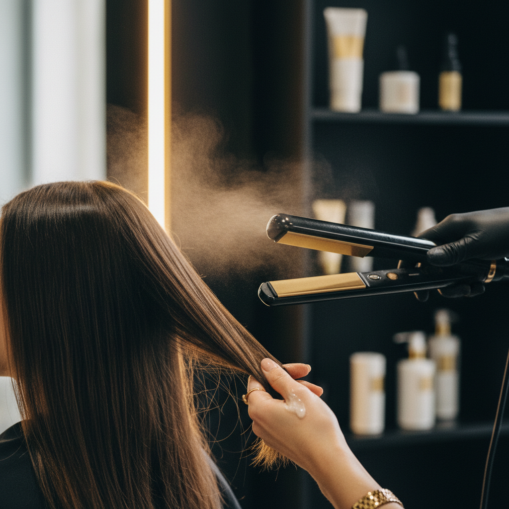 A stylist carefully using a low-temperature hair straightener, preventing heat damage on fragile hair.