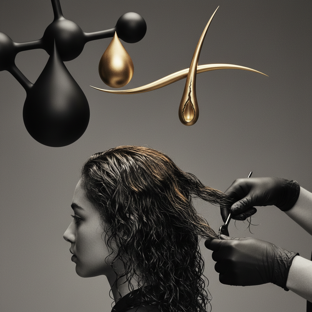 Stylist gently applying a protective oil treatment for preventing hygral fatigue in hair wash routines