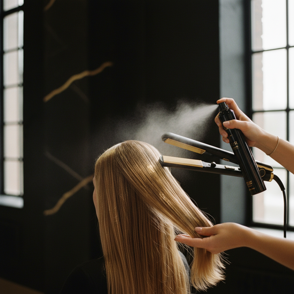 Stylist preventing thermal hair damage by applying protective heat spray before flat ironing client hair