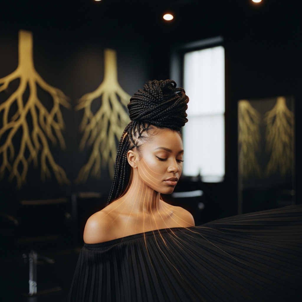 A woman with neat knotless braids examining her hairline, illustrating Protective Hairstyles and Scalp Tension care.