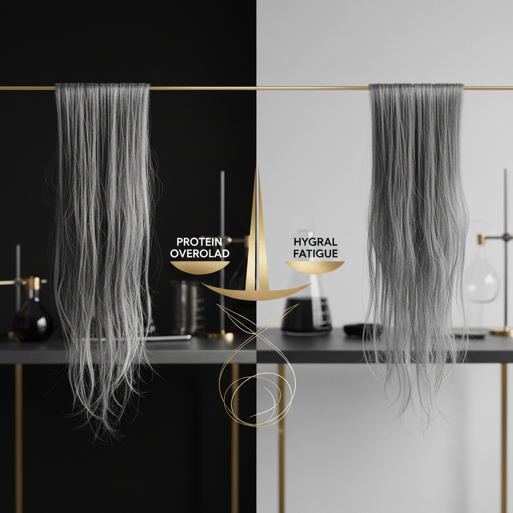 A close-up comparison illustrating hair strands damaged by protein overload vs hygral fatigue
