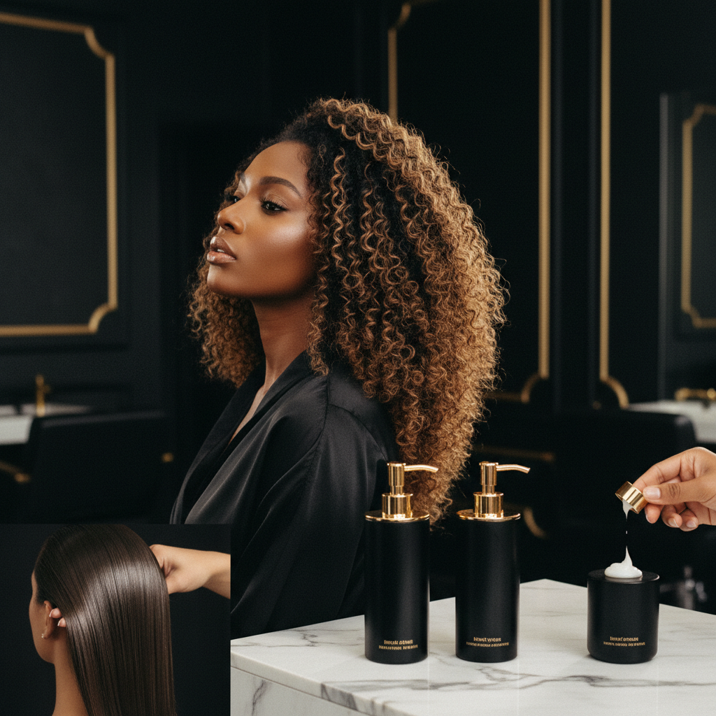 A stylist applying Protein Treatments and Keratin Care to damaged hair strands in a modern salon
