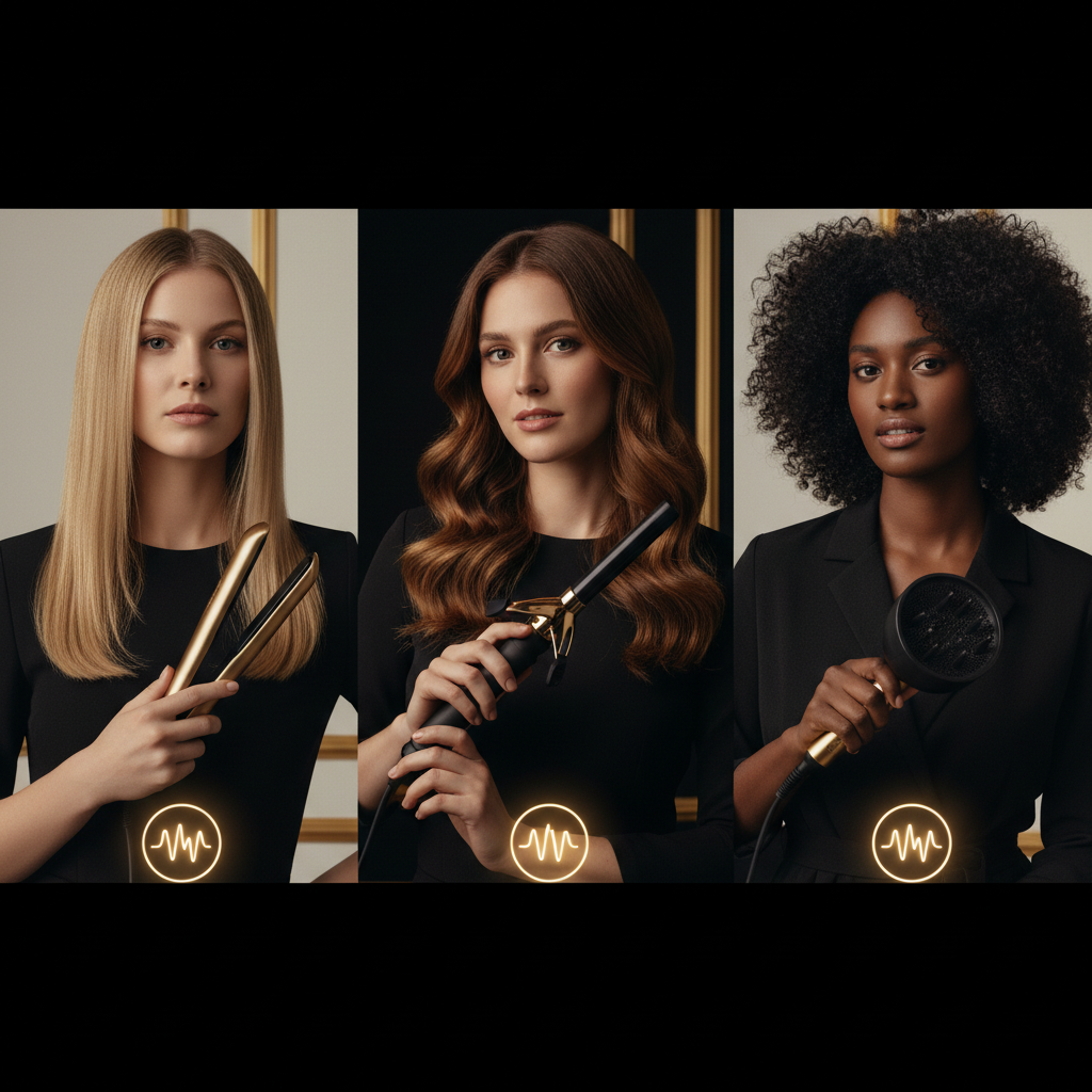 Professional ceramic flat iron displaying digital safe heat styling temperatures for every hair type