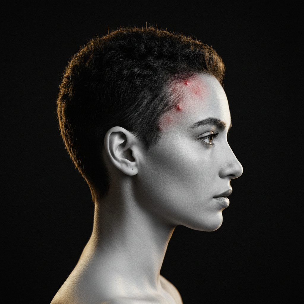 Close-up view of a person parting their hair showing Scalp Acne bumps along the skin