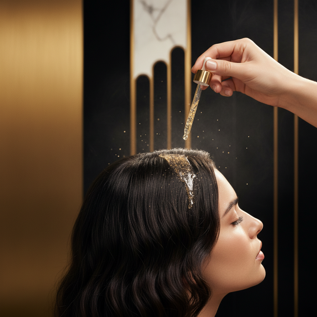 A close-up of healthy hair roots and hydrated skin undergoing Scalp Barrier Repair.