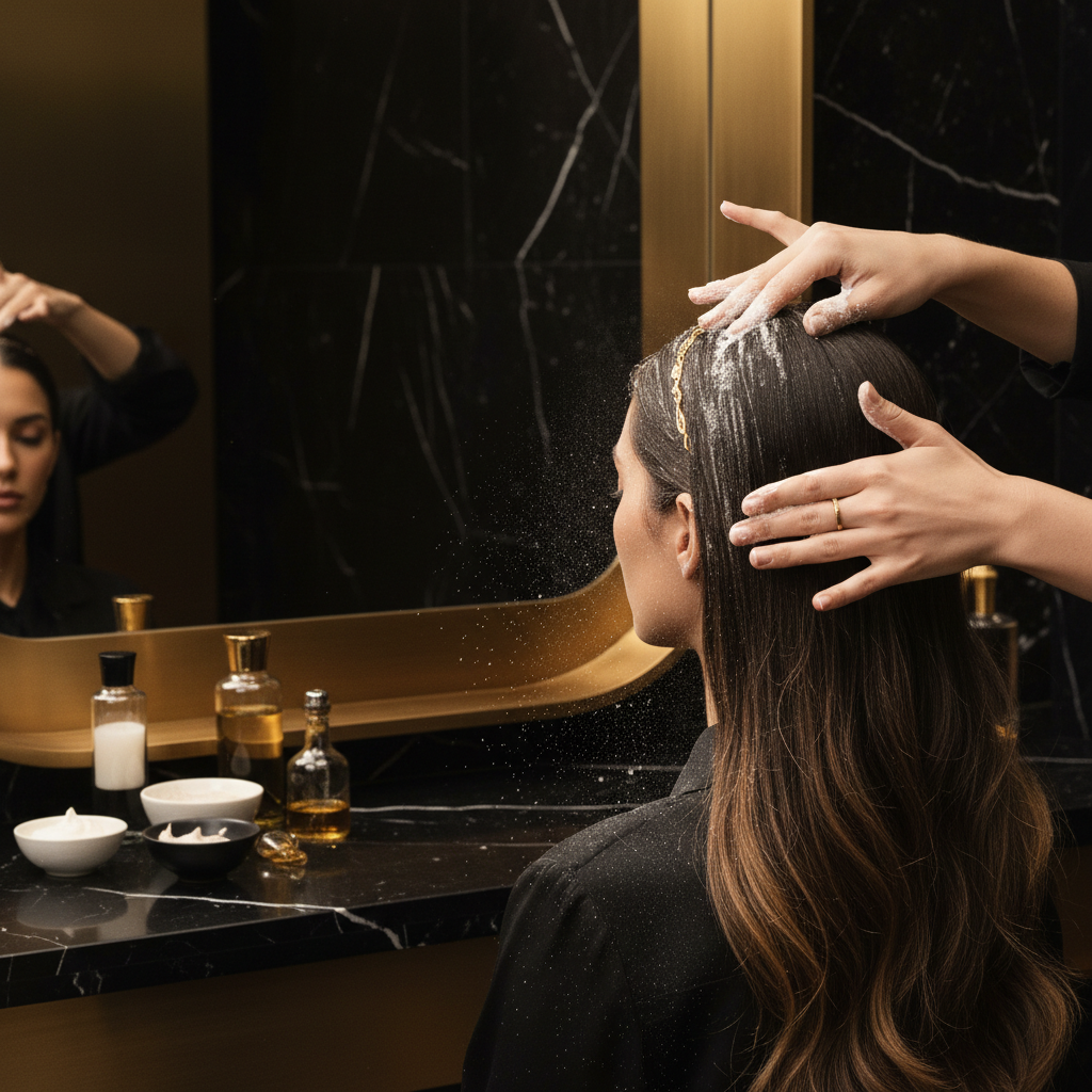 A clinical application of liquid Scalp Build Up Treatments parted carefully across a person's scalp
