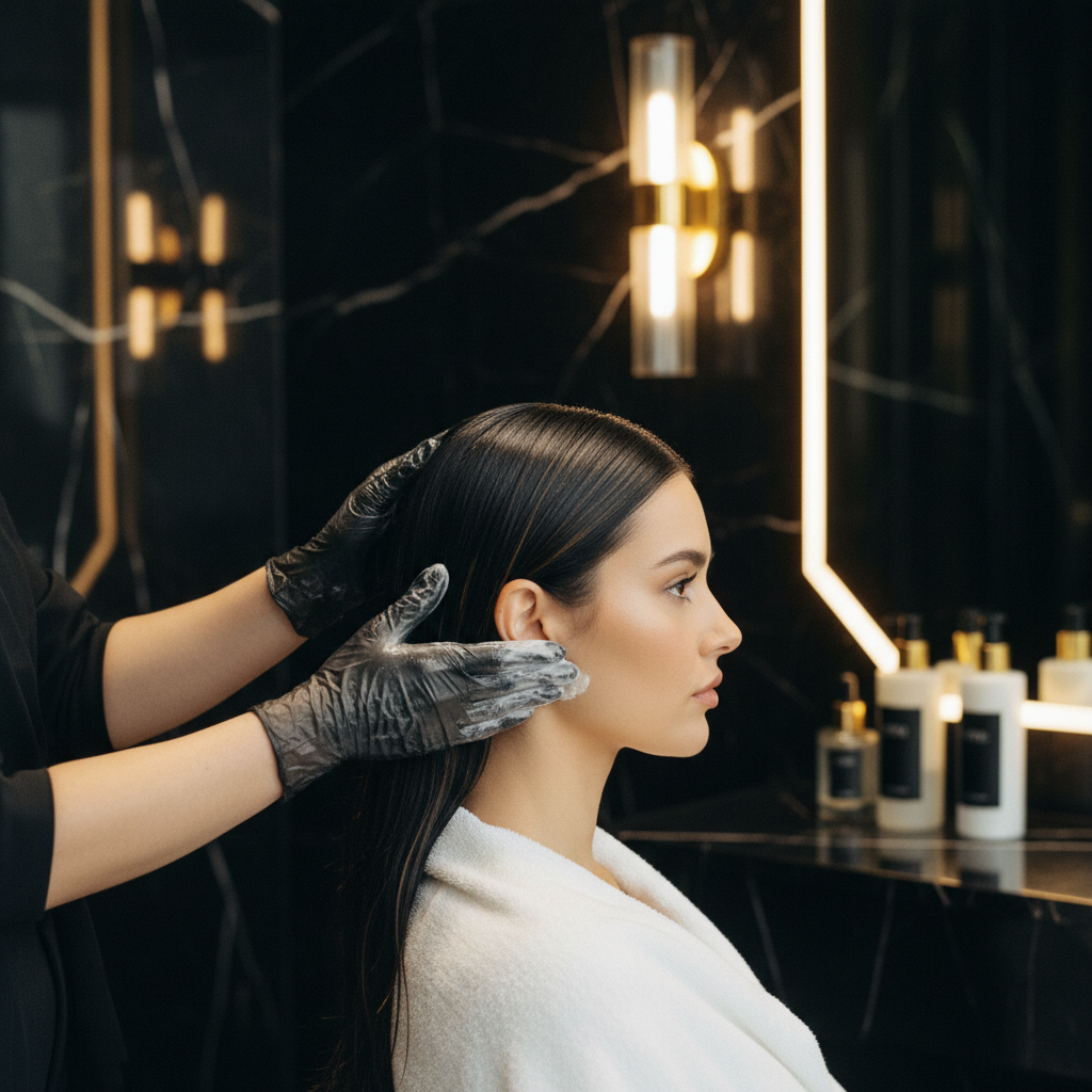 Stylist delivering scalp care for chemically treated hair at a modern salon basin
