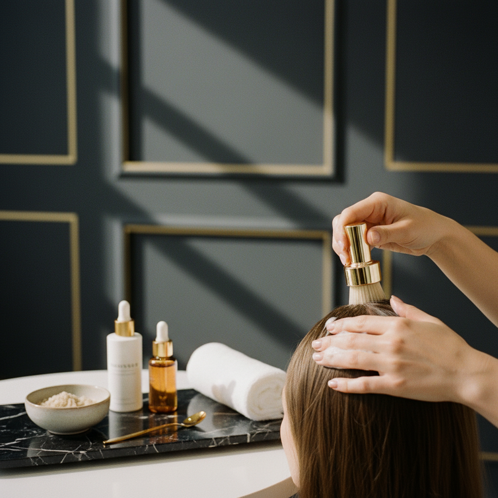 A person gently massaging their scalp with their fingertips as part of a scalp care routine.