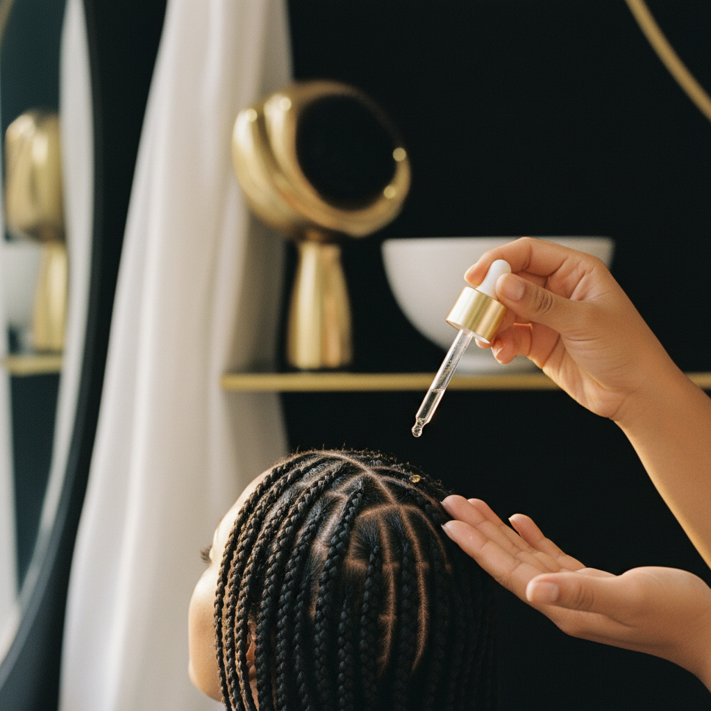 A stylist applying targeted lightweight hydration for Scalp Care Under Braids along clean partings