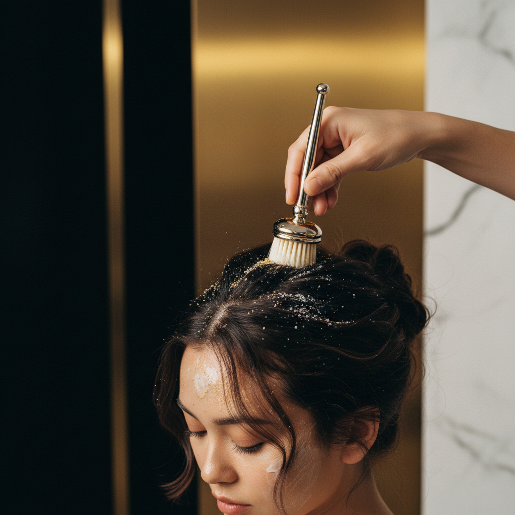Close-up of a stylist carefully performing a gentle Scalp Exfoliation treatment on a client parted hair