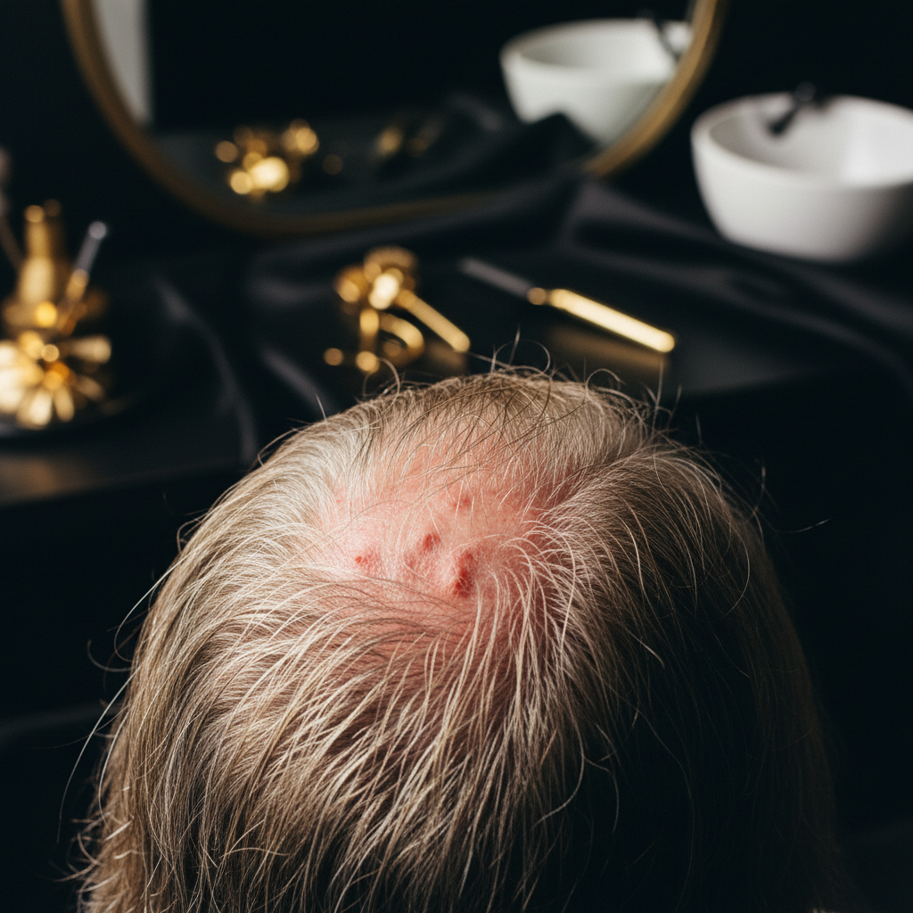 A close-up clinical view demonstrating Scalp Folliculitis and Hair Loss with inflamed hair follicles