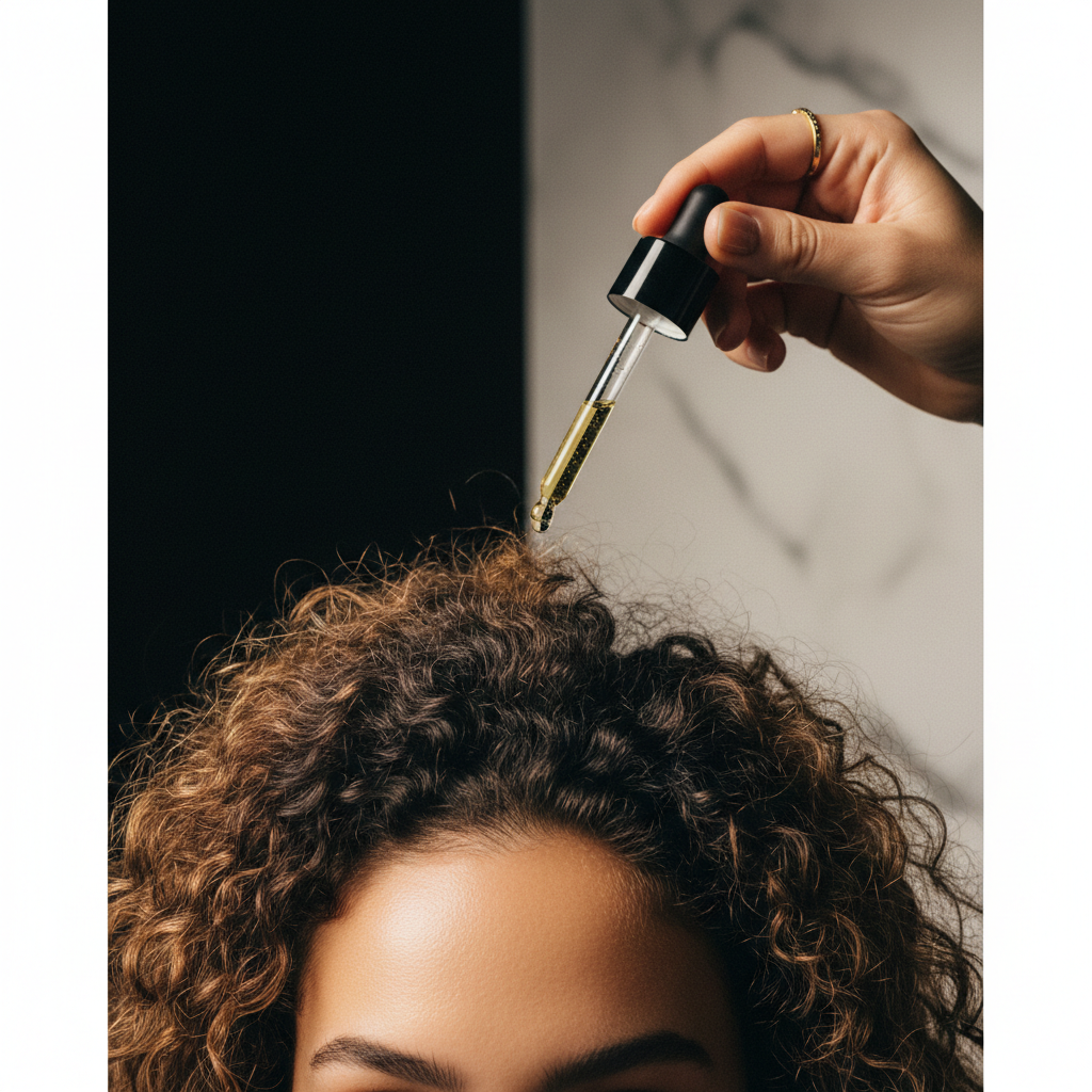A close-up view of a clean, healthy scalp parting framed by defined curly hair coils, illustrating Scalp Health for Curls