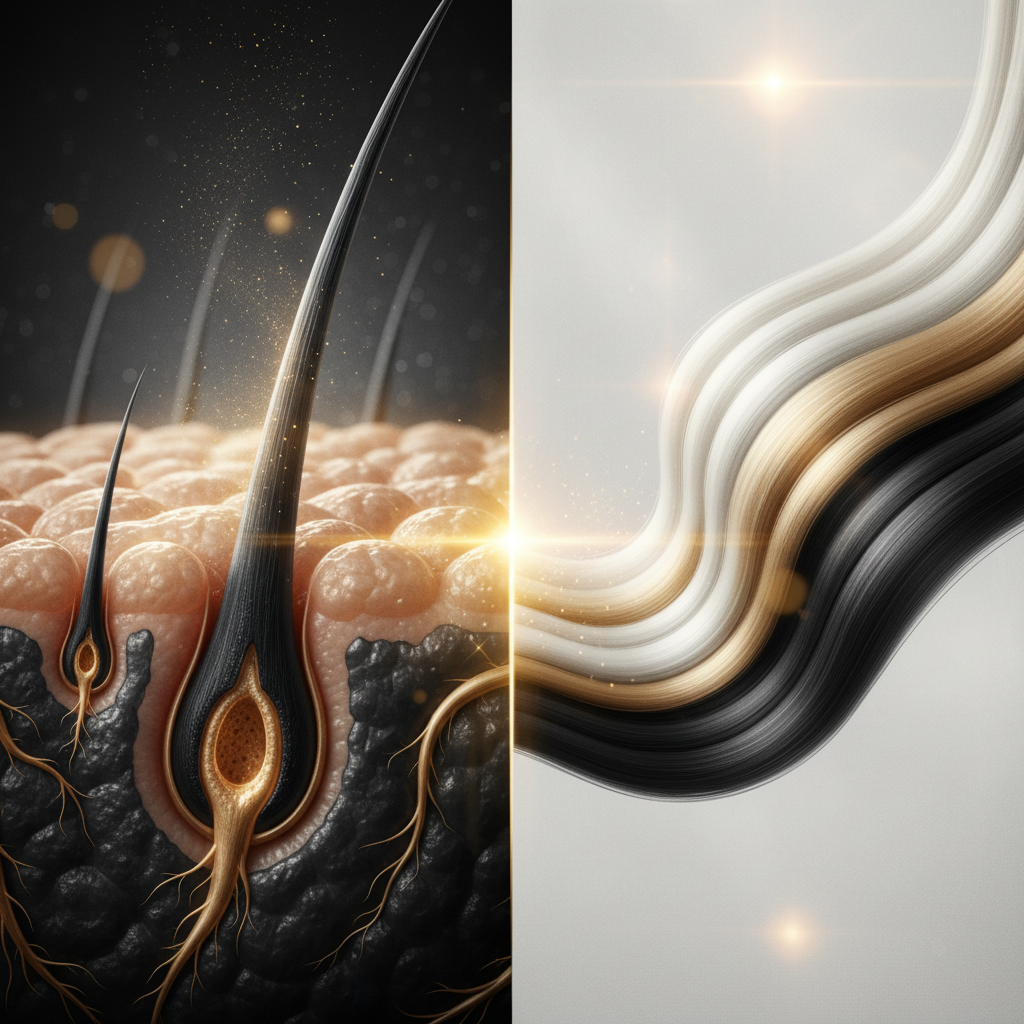 A detailed trichology demonstration contrasting living scalp tissue with non-living hair fibre health characteristics, illustrating Scalp Health vs Hair Fibre Health