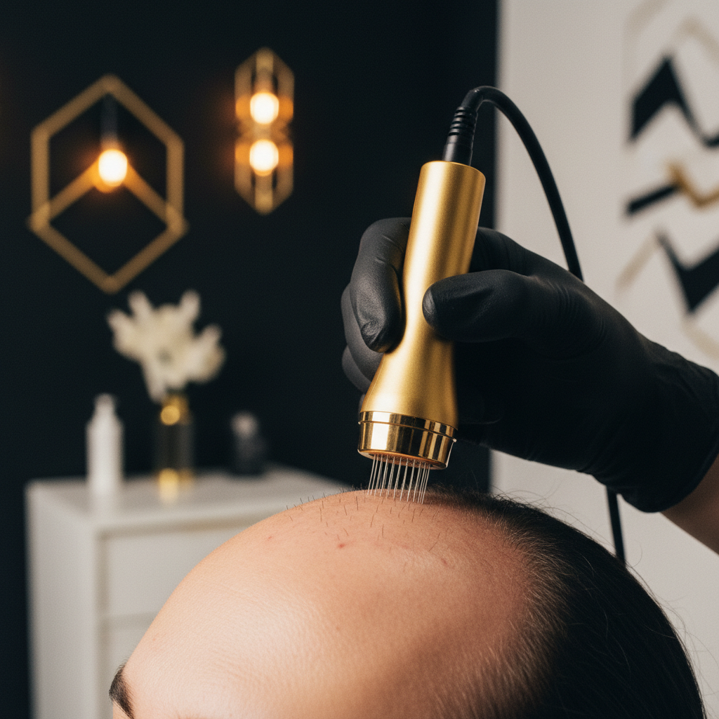 Dermatologist performing Scalp Micro-Needling for Hair Growth on a client with thinning crown hair