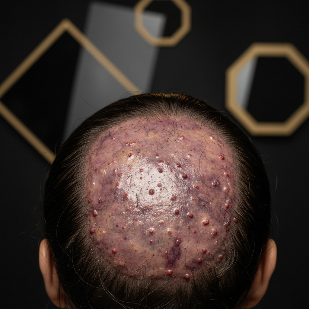 Clinical examination of scalp tissue demonstrating Scarring Alopecia Types and Signs with perifollicular erythema