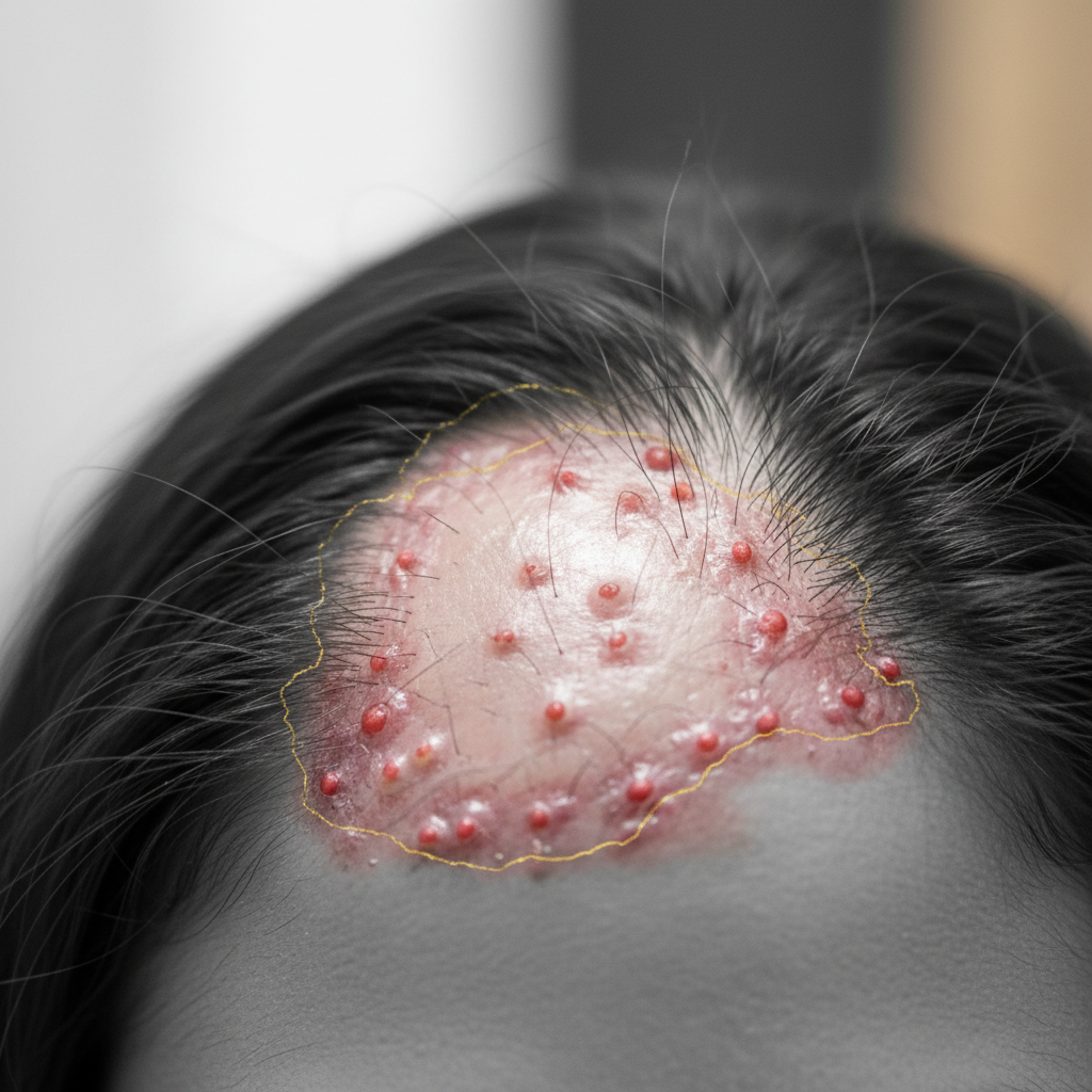 Clinical signs and symptoms to look for in the context of Scarring Alopecia Types and Signs